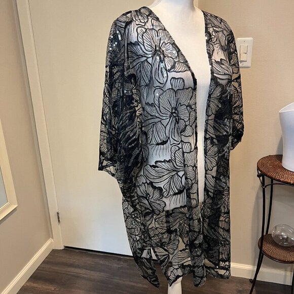 NWT Anne Klein Black Oversized Sheer Cardigan with Sequins, Size S/M - Picture 8 of 16